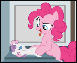 Size: 879x716 | Tagged: explicit, artist:cheesepuffs, pinkie pie, sweetie belle, baby belle, babycon, cunnilingus, diaper, diaper change, female, foalcon, g4, imported from derpibooru, lesbian, missing cutie mark, open diaper, oral, sex, ship:sweetiepie, shipping, show accurate, show accurate porn, wrong eye color