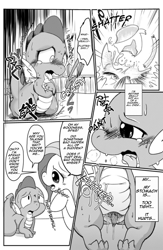 Size: 1200x1844 | Tagged: explicit, artist:kmart0614, fluttershy, spike, comic:dragonshy, aphrodisiac, black and white, blushing, comic, dialogue, dragon, dripping, erection, female, foalcon, g4, grayscale, ichiba, imported from derpibooru, male, monochrome, nudity, penis, rear view