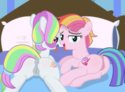 Size: 4054x2990 | Tagged: explicit, artist:shutterflyeqd, after kiss, anatomically correct, anus, bed, bedroom eyes, both cutie marks, butt, clitoris, coconut cream, dark genitals, dock, dripping, drool, drool string, duo, earth pony, female, filly, foal, foalcon, g4, imported from derpibooru, kissing, lesbian, licking, lidded eyes, looking at you, nudity, open mouth, oral, plot, pony, raised tail, sex, ship:toolanut, shipping, show accurate, show accurate porn, signature, tail, tongue out, tongue play, toola roola, vaginal secretions, vector, vulva, vulvar winking