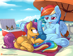 Size: 1181x900 | Tagged: explicit, artist:pusspuss, rainbow dash, scootaloo, anus, ball licking, ball worship, balls, balls fetish, beach, beach umbrella, blowjob, blue penis, clitoris, cooler, crotchboobs, duo, edit, female, fetish, filly, foal, foalcon, frog (hoof), g4, half r63 shipping, horsecock, imported from derpibooru, licking, licking cock, male, nudity, oral, patreon, patreon logo, pegasus, penis, penis on face, pony, public, rainbow blitz, rule 63, sex, sex on the beach, ship:scootablitz, ship:scootadash, shipping, stallion, stallion on filly, straight, teats, tongue out, underhoof, vulva, vulvar winking