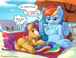 Size: 1181x900 | Tagged: explicit, artist:pusspuss, rainbow dash, scootaloo, age difference, anus, ball licking, ball worship, balls, balls fetish, beach, beach umbrella, blowjob, blue penis, clitoris, cooler, crotchboobs, dialogue, duo, edit, female, fetish, filly, foal, foalcon, frog (hoof), g4, horsecock, imported from derpibooru, intersex, licking, licking cock, male, nudity, oral, patreon, patreon logo, pegasus, penis, penis on face, pony, public, rainbow blitz, rule 63, sex, sex on the beach, ship:scootablitz, ship:scootadash, shipping, stallion, stallion on filly, straight, teats, thought bubble, tongue out, underhoof, vulva, vulvar winking
