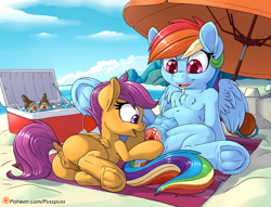 Size: 1181x900 | Tagged: explicit, artist:pusspuss, rainbow dash, scootaloo, alternate version, beach, beach umbrella, belly button, clitoris, cooler, crotchboobs, eyes on the prize, female, filly, foal, foalcon, frog (hoof), g4, imported from derpibooru, lesbian, mare, mare on filly, nipples, nudity, patreon, patreon logo, pony, public, sex on the beach, ship:scootadash, shipping, smiling, spread pussy, spreading, teats, underhoof, urethra, vagina, vulva, vulvar winking