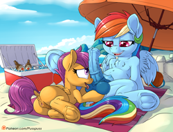 Size: 1181x900 | Tagged: explicit, artist:pusspuss, rainbow dash, scootaloo, alternate version, anus, beach, beach umbrella, blowjob, blue penis, clitoris, cooler, crotchboobs, female, foalcon, frog (hoof), futa, futa on female, futa rainbow dash, g4, horsecock, imported from derpibooru, intersex, licking, licking cock, nipples, nudity, oral, patreon, patreon logo, penis, penis on face, public, sex, sex on the beach, ship:scootadash, shipping, teats, tongue out, underhoof, vulva, vulvar winking