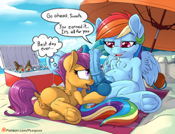 Size: 1181x900 | Tagged: explicit, artist:pusspuss, rainbow dash, scootaloo, alternate version, anatomically correct, anus, ball licking, ball worship, balls, balls fetish, beach, beach umbrella, blowjob, blue penis, clitoris, cooler, crotchboobs, dialogue, dock, female, fetish, filly, foal, foalcon, frog (hoof), futa, futa on female, futa rainbow dash, g4, herm, horsecock, imported from derpibooru, intersex, licking, licking cock, nipples, nudity, oral, patreon, patreon logo, pegasus, penis, penis on face, ponut, pony, public, sex, sex on the beach, ship:scootadash, shipping, teats, thought bubble, tongue out, underhoof, vulva, vulvar winking