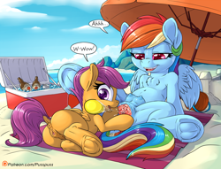 Size: 1181x900 | Tagged: explicit, artist:pusspuss, rainbow dash, scootaloo, anatomically correct, anus, ball, beach, beach towel, beach umbrella, belly button, butt, chest fluff, clitoris, cooler, crotchboobs, dialogue, dock, female, filly, foal, foalcon, food, frog (hoof), g4, imported from derpibooru, kegel exercises, lesbian, lidded eyes, lying down, nipples, nudity, on back, patreon, patreon logo, pegasus, plot, ponut, pony, sandcastle, sex on the beach, ship:scootadash, shipping, sitting, smiling, spread pussy, spreading, teats, underhoof, urethra, vagina, vaginal secretions, vulva, vulvar winking