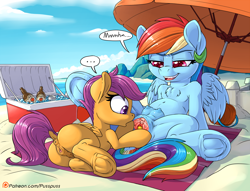 Size: 1181x900 | Tagged: explicit, artist:pusspuss, rainbow dash, scootaloo, ..., anatomically correct, anus, ball, beach, beach towel, beach umbrella, bedroom eyes, belly button, butt, chest fluff, clitoris, cooler, crotchboobs, dialogue, dock, female, filly, foal, foalcon, frog (hoof), g4, imported from derpibooru, insertion, kegel exercises, lesbian, lying down, nipples, nudity, on back, open mouth, patreon, patreon logo, pegasus, plot, ponut, pony, sandcastle, sex on the beach, ship:scootadash, shipping, sitting, smiling, spreading, teats, underhoof, urethra, vagina, vulva, vulvar winking