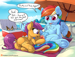 Size: 1181x900 | Tagged: explicit, artist:pusspuss, rainbow dash, scootaloo, anatomically correct, anus, beach, beach towel, beach umbrella, belly button, butt, chest fluff, clitoris, cooler, crotchboobs, dialogue, dock, female, filly, foal, foalcon, frog (hoof), g4, imported from derpibooru, lesbian, lewd, lying down, nipples, nudity, on back, patreon, patreon logo, pegasus, plot, ponut, pony, sandcastle, sex on the beach, ship:scootadash, shipping, sitting, smiling, spread pussy, teats, underhoof, urethra, vagina, vulva, vulvar winking
