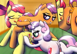 Size: 6500x4550 | Tagged: explicit, artist:t.f.a.n.c.s., apple bloom, scootaloo, sweetie belle, absurd resolution, anatomically correct, anus, clitoris, cmc threesome, cunnilingus, cutie mark crusaders, drool, drool string, earth pony, female, foalcon, g4, group sex, imported from derpibooru, lesbian, nudity, oral, ponut, pony, sex, ship:sweetiebloomaloo, shipping, spread pussy, spreading, threesome, tongue out, vulva
