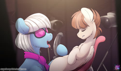 Size: 1576x923 | Tagged: explicit, artist:sugarlesspaints, photo finish, blowjob, colt, duo, earth pony, eyes closed, featherweight, female, foal, foalcon, g4, horsecock, imported from derpibooru, male, mare, mare on colt, nudity, oral, penis, pony, sex, smiling, straight, straight shota, sunglasses