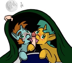 Size: 627x551 | Tagged: explicit, artist:wyntermoon, alternate version, bed, bedroom eyes, blowjob, blushing, clothes, colt, disembodied hand, double blowjob, erection, foal, foalcon, foreskin, freckles, g4, gay, group fellatio, hand, human, human male, human male on colt, human on pony action, human penis, imported from derpibooru, interspecies, licking, licking cock, looking at you, male, male pov, multiple blowjob, nudity, offscreen character, oral, penis, pony, pov, sex, snails, snips, tongue out, under the covers, unicorn, young