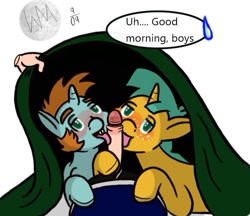 Size: 637x551 | Tagged: explicit, artist:wyntermoon, bed, bedroom eyes, blowjob, blushing, clothes, colt, dialogue, disembodied hand, double blowjob, erection, foal, foalcon, foreskin, freckles, g4, gay, group fellatio, hand, human, human male, human male on colt, human on pony action, human penis, imported from derpibooru, interspecies, licking, licking cock, looking at you, male, male pov, multiple blowjob, nudity, offscreen character, oral, penis, pony, pov, sex, snails, snips, text, tongue out, under the covers, unicorn, young