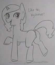 Size: 2448x2885 | Tagged: explicit, artist:subimaru_kai, oc, anus, female, filly, foal, foalcon, high res, implied incest, imported from derpibooru, innocent, monochrome, nudity, oc only, pony, solo, solo female, traditional art, unicorn, vulva