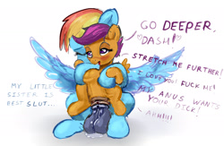 Size: 2000x1300 | Tagged: explicit, artist:hexado, rainbow dash, scootaloo, abdominal bulge, anal, anatomically incorrect, balls, blushing, dialogue, eyes closed, female, filly, foal, foalcon, futa, futa on female, futa on filly, futa rainbow dash, g4, horsecock, imported from derpibooru, intersex, large penetration, nudity, open mouth, pegasus, penetration, penis, pony, sex, ship:scootadash, shipping, simple background, sitting, spread wings, vaginal secretions, vulva, white background, who needs organs?, wings