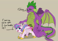 Size: 3507x2480 | Tagged: explicit, artist:exelzior, princess flurry heart, spike, alicorn, ass up, brown background, dialogue, dragon, dragon dick, duo, duo male and female, ear fluff, female, foalcon, g4, grinding, high res, hotdogging, imported from derpibooru, interspecies, male, nudity, older, older flurry heart, older spike, penis, pony, pony on dragon action, precum, raised tail, rubbing, ship:flurryspike, shipping, simple background, size difference, straight, tail, this will not end well, winged spike, wings