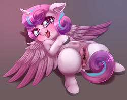 Size: 1830x1442 | Tagged: explicit, artist:dankflank, princess flurry heart, aftersex, alicorn, alternate version, anatomically correct, anus, babycon, clitoris, crotchboobs, female, filly, foal, foalcon, g4, gap teeth, heart eyes, horseshoes, imported from derpibooru, nipples, nudity, on back, ponut, pony, smiling, solo, solo female, teats, tongue out, unshorn fetlocks, vulva, vulvar winking, wingding eyes