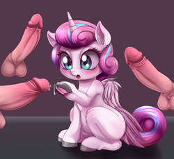 Size: 1758x1613 | Tagged: explicit, artist:dankflank, princess flurry heart, alicorn, babycon, blushing, cheek fluff, cute, cute porn, disembodied penis, ear fluff, erection, eyes on the prize, female, female focus, filly, fluffy, foal, foalcon, foreskin, frog (hoof), g4, gap teeth, gray background, group sex, hoofbutt, horseshoes, human, human male, human male on filly, human on pony action, human penis, imminent gangbang, imported from derpibooru, interspecies, leg fluff, male, multicolored hair, nudity, open mouth, penis, pony, precum, shoulder fluff, simple background, sitting, smiling, solo focus, straight, tooth gap, underhoof, urethra