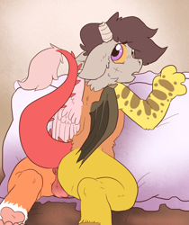 Size: 798x948 | Tagged: explicit, artist:cottoncloudy, oc, oc:desorde, alternate version, anus, balls, broken horn, draconequus, draconequus oc, floppy ears, foalcon, hooves, horn, imported from derpibooru, looking back, male, nudity, oc only, paw pads, paws, pony, solo, solo male, tail, underpaw, wings, young