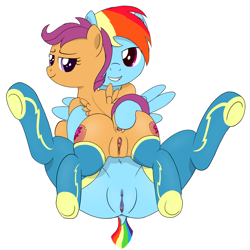 Size: 2602x2598 | Tagged: explicit, artist:deserter, rainbow dash, scootaloo, anus, bedroom eyes, belly button, both cutie marks, cervix, clothes, derpibooru exclusive, female, filly, foal, foalcon, g4, genitals, high res, human vulva on pony, imported from derpibooru, legwear, lesbian, looking at you, looking back, lying on top of someone, nudity, pony, ship:scootadash, shipping, simple background, smiling, socks, spread anus, spread wings, spreading, technicolor genitals, the cmc's cutie marks, thigh highs, tiptoe, underhoof, vagina, vaginal secretions, vulva, white background, wingboner, wings, wonderbolts stockings