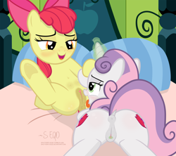 Size: 3118x2769 | Tagged: explicit, artist:shutterflyeqd, apple bloom, sweetie belle, anatomically correct, anus, bed, bedroom eyes, both cutie marks, butt, clitoral stimulation, clitoris, crotchboobs, cunnilingus, dark genitals, dock, dripping, drool, drool string, earth pony, female, filly, foal, foalcon, g4, high res, imported from derpibooru, lesbian, licking, lidded eyes, looking at each other, magic, magical stimulation, nipples, nudity, open mouth, oral, plot, pony, raised tail, sex, ship:sweetiebloom, shipping, show accurate, show accurate porn, signature, tail, teats, tongue out, unicorn, vaginal secretions, vector, vulva, vulvar winking