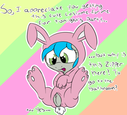 Size: 1288x1174 | Tagged: explicit, artist:darcynsfw, oc, oc:darcy sinclair, abstract background, animal costume, bunny costume, clitoris, clothes, costume, cute, cute porn, dialogue, female, foalcon, imported from derpibooru, legs in air, nudity, oc only, paw gloves, paw prints, pony, presenting, solo, solo female, spread legs, spreading, vulva, zipper