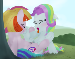 Size: 3240x2560 | Tagged: explicit, artist:dtcx97, blushing, clitoris, coconut cream, duo, duo female, earth pony, eyes closed, fame and misfortune, female, female orgasm, filly, filly on filly, foal, foalcon, from front, g4, high res, hooves, imported from derpibooru, lesbian, lineless, my little pony: friendship is magic, nudity, open mouth, orgasm, outdoor sex, outdoors, pony, scrunchy face, sex, ship:toolanut, shipping, squirting, tongue out, toola roola, tribadism, underhoof, vaginal orgasm, vaginal secretions, vulva