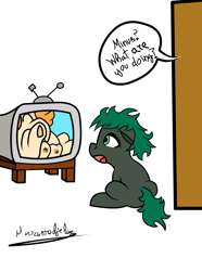 Size: 3440x4636 | Tagged: explicit, artist:marcus todjel, oc, oc:minus, colt, crotchboobs, derpibooru exclusive, dialogue, earth pony, foal, foalcon, g4, imported from derpibooru, male, masturbation, nipples, nudity, open mouth, pear butter, pony, signature, sitting, television