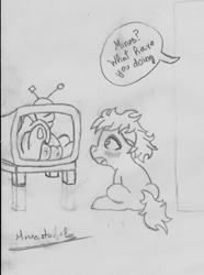 Size: 3440x4636 | Tagged: explicit, artist:marcus todjel, oc, oc:minus, blushing, colt, crotchboobs, derpibooru exclusive, earth pony, foal, foalcon, g4, grammar error, imported from derpibooru, male, masturbation, misspelling, monochrome, nipples, nudity, open mouth, pear butter, pony, sitting, television, traditional art
