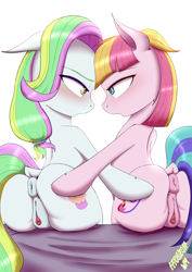 Size: 4961x7016 | Tagged: explicit, artist:wolfmask, absurd resolution, anus, blushing, butt, clitoris, coconut cream, duo, duo female, earth pony, eye contact, fame and misfortune, female, filly, filly on filly, foal, foalcon, g4, heart eyes, imported from derpibooru, lesbian, looking at each other, looking at someone, my little pony: friendship is magic, nudity, plot, plot pair, ponut, pony, season 7, ship:toolanut, shipping, toola roola, vulva, wingding eyes