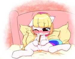 Size: 1861x1472 | Tagged: questionable, artist:monon0, bed, blushing, featureless crotch, female, filly, foal, foalcon, g3, g3.5, imported from derpibooru, pony, solo, solo female, toola-roola