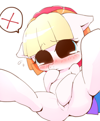 Size: 1430x1723 | Tagged: explicit, artist:monon0, blushing, covering, covering crotch, cute, denial, earth pony, female, filly, foal, foalcon, g3, g3.5, imported from derpibooru, nudity, pony, solo, solo female, toola-roola, vulva