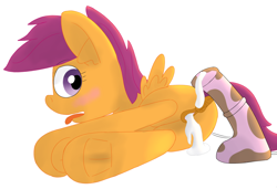 Size: 1500x1024 | Tagged: explicit, artist:ink blot, scootaloo, anatomically correct, anus, creampie, cum, cumtube, derpibooru exclusive, dildo, fake cum, female, foalcon, frog (hoof), from behind, g4, genitals, imported from derpibooru, nudity, ponut, pony, sex toy, solo, solo female, underhoof, vulva