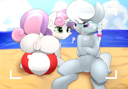 Size: 4312x3000 | Tagged: explicit, artist:n0nnny, silver spoon, sweetie belle, anus, beach, beach ball, bow, butt, casual nudity, chest fluff, clothes, cute, cute porn, dock, ear fluff, earth pony, female, foal, foalcon, g4, genitals, glasses, hair bow, imported from derpibooru, nudity, plot, ponut, pony, presenting, pubic fluff, question mark, silverbetes, sweetie butt, swimsuit, tongue out, unhappy, unicorn, vulva, vulva blush