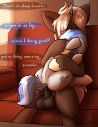 Size: 926x1194 | Tagged: explicit, artist:sliderspoint, oc, oc:frozen mudslide, oc:silver shaper, age difference, anal, balls, colt, couch, dark genitals, dialogue, erection, first time, foal, foalcon, gay, horsecock, hug, imported from derpibooru, male, mastery position, nudity, oc only, penetration, penis, pony, pony on pony action, pubic fluff, sex, silverslide, size difference, snuggling, speech bubble, stallion, stallion on colt, taking it like a champ, text, tight fit