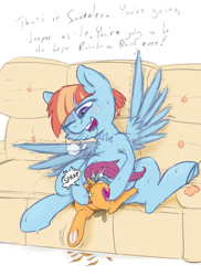 Size: 731x1005 | Tagged: explicit, artist:firenhooves, scootaloo, abdominal bulge, anus, blushing, butt, cave dweller, cave exploring, cheek fluff, chest fluff, clitoris, couch, cutie mark, dialogue, dock, drool, duo, duo female, feather, female, females only, fetish, filly, foal, foalcon, freckles, frog (hoof), g4, hoofbutt, imminent transformation, imported from derpibooru, mare, nudity, one eye closed, open mouth, panting, pegasus, plot, ponut, pony, raised tail, rear view, scootaprey, sitting, spread legs, spread wings, spreading, sweat, tail, the cmc's cutie marks, twitching, unbirthing, underhoof, vore, vulva, windy whistles, wingboner, wings