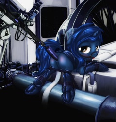 Size: 1220x1274 | Tagged: explicit, artist:darkstylerz, oc, oc:starlight blossom, ahegao, anus, blushing, bondage, bridle, commission, dildo, female, filly, foal, foalcon, frog (hoof), fucking machine, hooves, imported from derpibooru, insertion, latex, looking at you, looking back, machine, nudity, oc only, open mouth, ponut, pony, sex toy, shackles, solo, solo female, space, tack, tied up, tongue out, underhoof, unicorn, useless source url, vaginal insertion, vaginal secretions, vulva