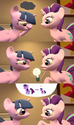 Size: 1920x3240 | Tagged: questionable, artist:papadragon69, starlight glimmer, twilight sparkle, 3d, age regression, alicorn, baby, baby pony, babycon, bedroom eyes, comic, dialogue, female, filly, filly twilight sparkle, foal, foalcon, g4, imminent babycon, imminent foalcon, imminent lesbianism, imminent masturbation, imminent sex, implied babycon, implied foalcon, implied lesbian, implied masturbation, implied sex, implied shipping, imported from derpibooru, insertion, lightbulb, looking at each other, masturbation, open mouth, pointy ponies, pony, sex toy, source filmmaker, stress relief, stressed, talking, vaginal insertion, vibrator, younger
