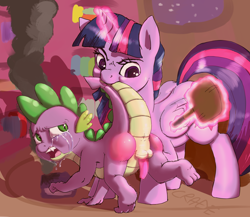 Size: 3000x2600 | Tagged: explicit, artist:crade, spike, twilight sparkle, abuse, alicorn, anus, aura, balls, biting, crying, dragon, duo, duo male and female, female, foalcon, g4, high res, imported from derpibooru, male, nudity, paddle, penis, pony, punishment, smoke, spanking, spikeabuse, tail bite, wingless spike