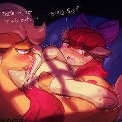 Size: 750x750 | Tagged: explicit, artist:lumineko, apple bloom, applejack, anatomically correct, anus, applecest, blushing, cunnilingus, earth pony, female, foalcon, g4, imported from derpibooru, incest, lesbian, looking away, nudity, oral, orgasm, ponut, pony, sex, ship:bloomjack, shipping, squirting, underhoof, vaginal secretions, vulva