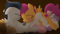Size: 3500x2000 | Tagged: explicit, artist:dtcx97, scootaloo, sweetie belle, 69 position, bisexual, blank flank, blowjob, blushing, colt, commission, cum, cum in mouth, cunnilingus, eyes closed, female, filly, filly on colt, filly on filly, foal, foalcon, g4, group sex, high res, hooves, horn, horsecock, imported from derpibooru, lesbian, lineless, male, nudity, one after another, oral, orgasm, pegasus, penetration, penis, pillow, pony, rumble, sex, ship:rumbloo, ship:scootabelle, shipping, simple background, spread wings, squirting, straight, the cmc's cutie marks, threesome, unicorn, vagina, vaginal secretions, vulva, wall of tags, wingboner, wings