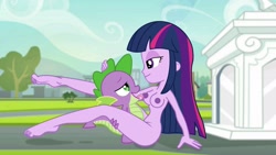 Size: 2560x1440 | Tagged: questionable, artist:sunshi, artist:takeshi1000, spike, twilight sparkle, barefoot, bedroom eyes, belly button, breast lick, breasts, dragon, equestria girls, exhibitionism, feet, female, foalcon, g4, human, human on dragon action, imported from derpibooru, interspecies, licking, licking breast, male, missionary position, nipple licking, nipple sex, nipple stimulation, nipples, nudity, obscured penetration, open mouth, outdoor sex, outdoors, penetration, public sex, sex, ship:twispike, shipping, show accurate, show accurate porn, size difference, softcore, spread legs, spreading, square crossover, straight, straight shota, tongue out, vaginal