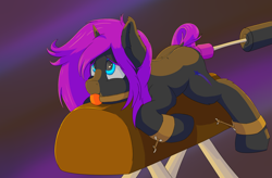 Size: 1680x1101 | Tagged: explicit, artist:coreboot, oc, oc:midnight stargazer, ambiguous insertion, ballgag, bondage, bondage furniture, bondage horse, cuffs, dock, female, filly, foal, foalcon, fucking machine, gag, imported from derpibooru, insertion, machine, oc only, pommel horse, pony, restraints, solo, solo female, spread legs, spreading, wooden horse
