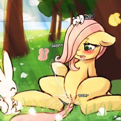 Size: 750x750 | Tagged: explicit, artist:lumineko, fluttershy, angel bunny, animal, anus, blushing, butterfly, crying, dock, edit, exhibitionism, female, filly, floppy ears, foal, foalcon, g4, hair over one eye, imported from derpibooru, masturbation, mouse, nudity, open mouth, orgasm, outdoor masturbation, outdoors, ponut, pony, public masturbation, rabbit, sitting, smiling, solo, solo female, spread legs, spreading, squirting, vaginal secretions, vulva, younger