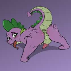 Size: 900x900 | Tagged: explicit, artist:kevinsano edits, spike, anus, ass, ass up, balls, blushing, butt, color edit, colored, dragon, dragonbutt, edit, face down ass up, foalcon, g4, girly, gradient background, imported from derpibooru, looking at you, looking back, looking back at you, male, nudity, penis, presenting, solo, solo male, spread anus, spreading, tongue out, wide stance
