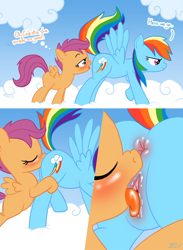 Size: 1036x1412 | Tagged: explicit, artist:zed001, rainbow dash, scootaloo, anus, bedroom eyes, blushing, blushing profusely, comic, cropped, cunnilingus, dialogue, eyes closed, eyes on the prize, female, foalcon, g4, horny, imported from derpibooru, lesbian, looking at butt, looking forward, nudity, oral, panting, pony, puckered asshole, raised tail, sex, ship:scootadash, shipping, show accurate, show accurate porn, sniffing, spread wings, surprise sex, tail, tail aside, vaginal secretions, vulva, wingboner, wings