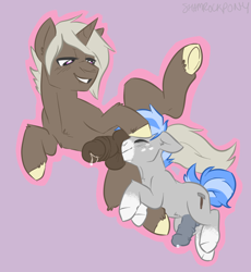 Size: 935x1015 | Tagged: explicit, artist:shamrockpony, oc, oc:frozen mudslide, oc:silver shaper, age difference, balls, balls fetish, colt, colt on stallion, duo, duo male, earth pony, erection, fetish, foal, foalcon, gay, horsecock, imported from derpibooru, male, musk, nudity, oc only, penis, pony, precum, reverse foalcon, silverslide, sniffing, stallion, unicorn