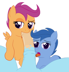 Size: 1348x1406 | Tagged: explicit, artist:deserter, rainbow dash, scootaloo, archer (g4), blowjob, clitoris, derpibooru exclusive, double blowjob, drool, drool string, female, foalcon, g4, group sex, imported from derpibooru, just the tip, licking, licking cock, looking at you, male, male pov, medial ring, mottled genitals, multiple blowjob, nudity, offscreen character, oral, penis, penis on face, pony, pov, rainbow blitz, rule 63, scootablue, sex, ship:scootablitz, ship:scootadash, shipping, simple background, straight, teasing, threesome, tip tease, tongue out, transparent background, vulva