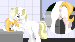 Size: 1280x720 | Tagged: explicit, artist:anonymousdrawfig, oc, oc:franziska, oc:friedrich, oc:luftkrieg, anatomically correct, anus, aryan, aryan pony, bathroom, blonde, caught, colt, colt on filly, creampie, crotchboobs, cum, earth pony, female, filly, foal, foalcon, genitals, horsecock, imported from derpibooru, male, mirror, nazipone, nipples, nudity, oc only, peeking, pegasus, penis, pink genitals, pink horsecock, ponut, pony, sex, straight, teats, vaginal creampie, voyeurism, vulva