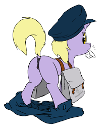 Size: 845x1024 | Tagged: explicit, artist:lowkey, butt, clothes, color edit, colored, derpy hooves, dinky hooves, dock, edit, female, filly, foal, foalcon, g4, imported from derpibooru, loose fitting clothes, nudity, oversized clothes, partially undressed, plot, pony, raised tail, saddle bag, solo, solo female, surprised, tail, unicorn, vulva, wardrobe malfunction