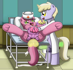 Size: 2900x2800 | Tagged: explicit, artist:pvryohei, anal insertion, anus, balls, birth, birthing, clothes, costume, cum, cumming, dildo, dinky hooves, doctor, double penetration, female, foalcon, furniture, g4, high res, imported from derpibooru, insertion, magic, male, multiple penetration, nudity, nurse, nurse outfit, penetration, penis, pony, precum, pregnant, ruby pinch, rule 63, sex, sex toy, straight, vagina