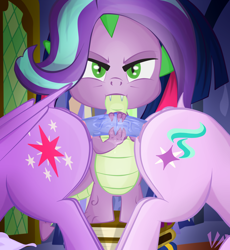 Size: 2299x2500 | Tagged: explicit, artist:pia-sama, artist:virenth, spike, starlight glimmer, twilight sparkle, alicorn, angry, dildo, doubleheaded dildo, dragon, female, foalcon, furious, g4, high res, imported from derpibooru, insertion, lesbian, male, older, pony, rage, sex toy, ship:sparlight, ship:twispike, ship:twistarlight, shipping, spike is not amused, spike questioning his life choices, straight, third wheel, unamused, unicorn, vaginal insertion, vaginal secretions, vaginal secretions trail, wingless spike